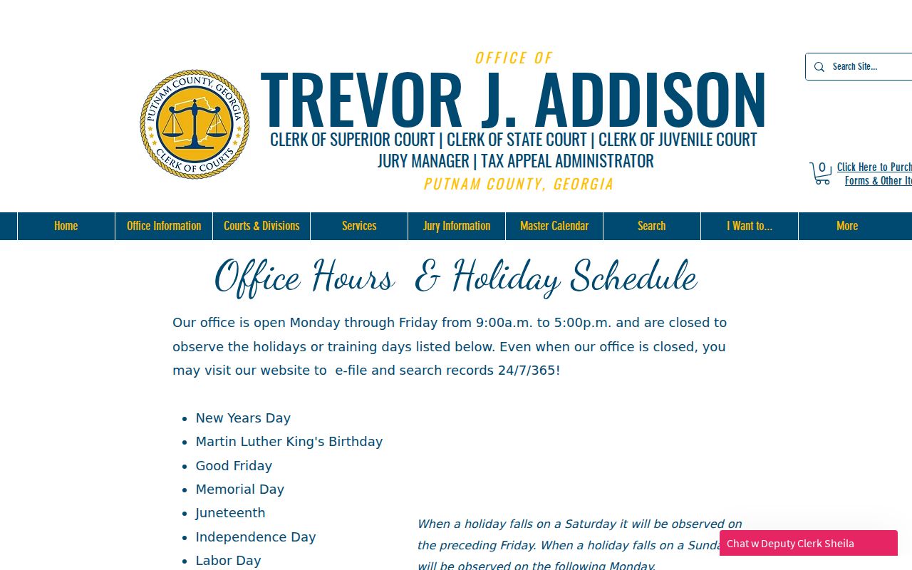 Putnam County bench warrant clerk hours and online access