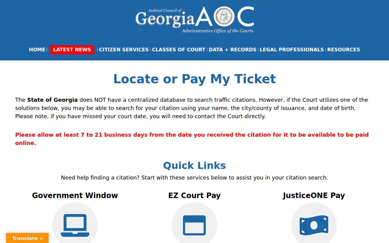 Georgia Courts no-centralized-database notice for Putnam County traffic citations