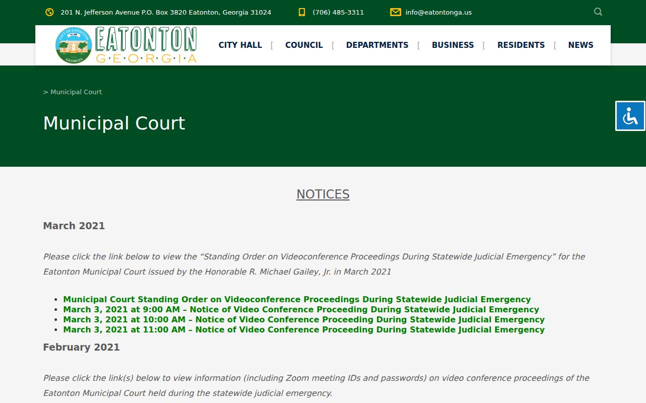 Eatonton Municipal Court contact and notice page for Putnam County