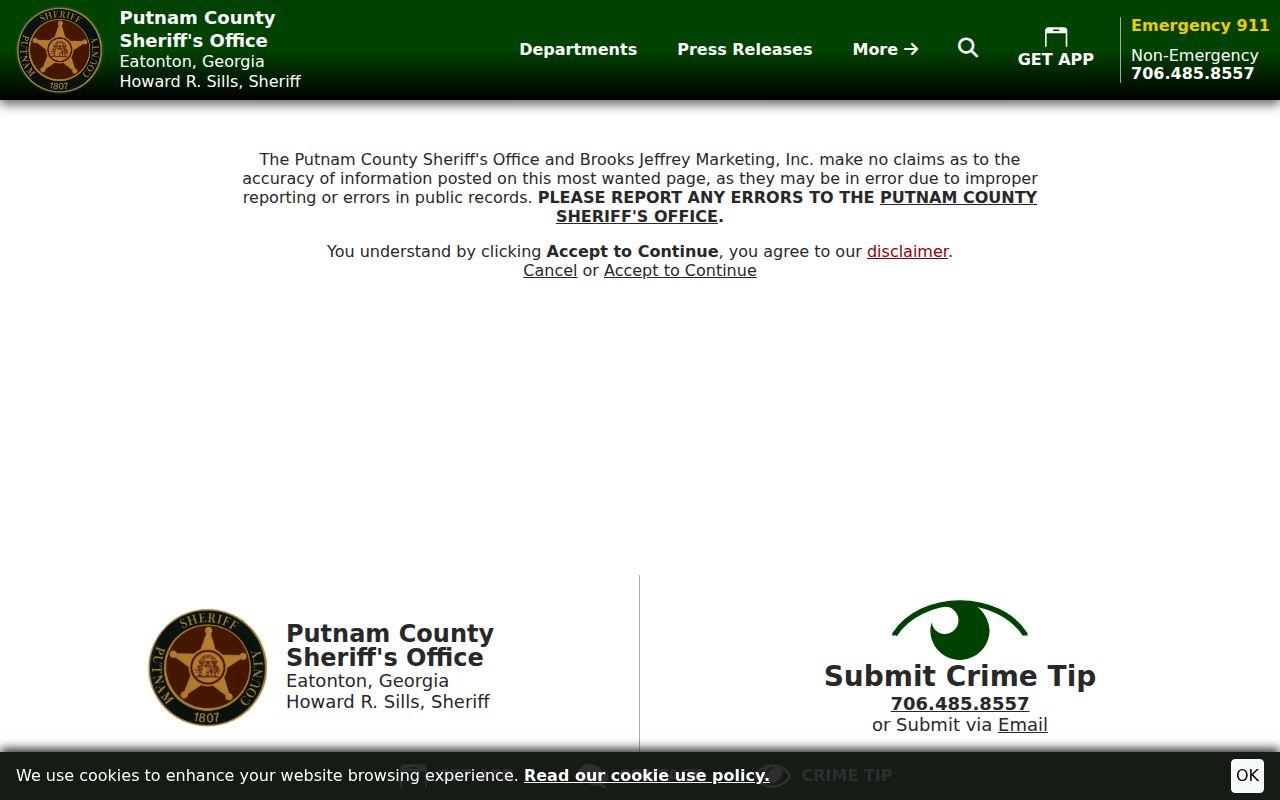 Putnam County warrant records accuracy disclaimer